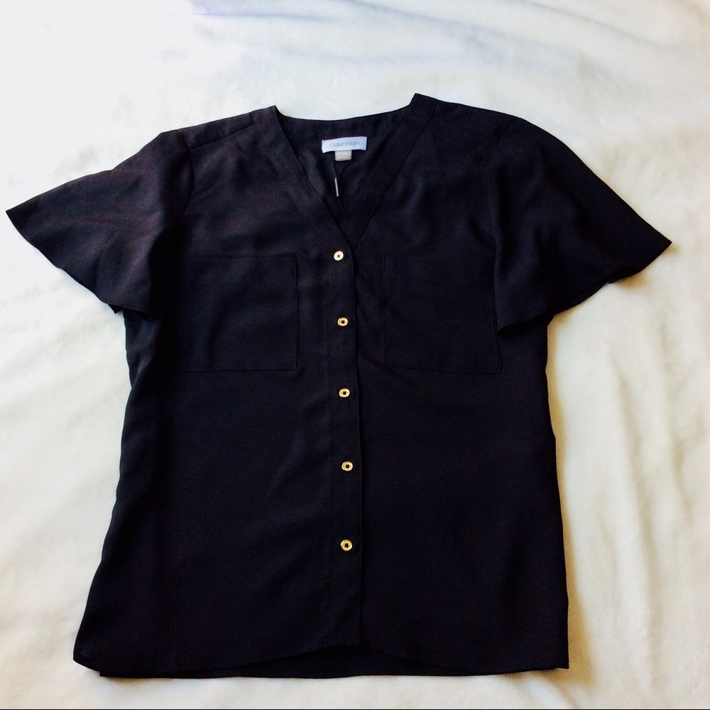 Calvin Klein Button Up Short Sleeve Pocket Blouse